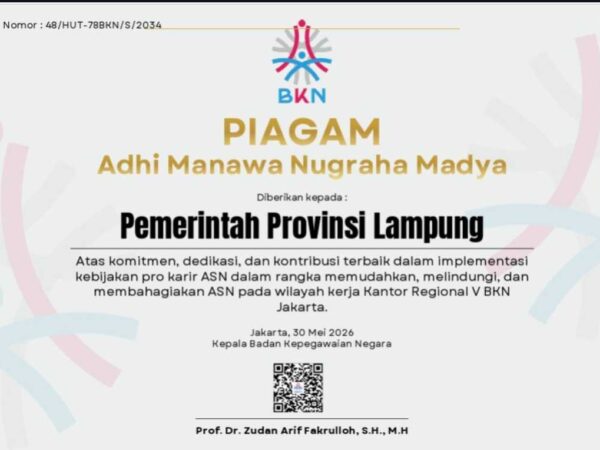Pemprov Lampung Raih Penghargaan Adhi Manawa Nugraha Madya dari BKN