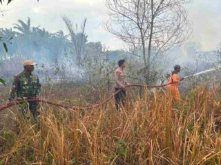 Polsek Lambu Kibang dan Tim Gabungan Padamkan Karhutla di Pinggir Jalan Tol Tiyuh Agung Jaya